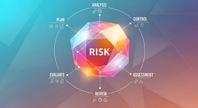Risk management conceptual diagram with a central geometric shape surrounded by circular process steps on a gradient background management business analysis strategy planning security financial