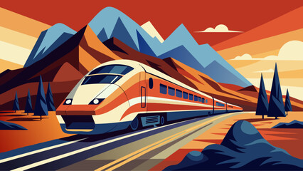 Streamlined train illustration with mountain backdrop and orange blue color scheme © Abdul