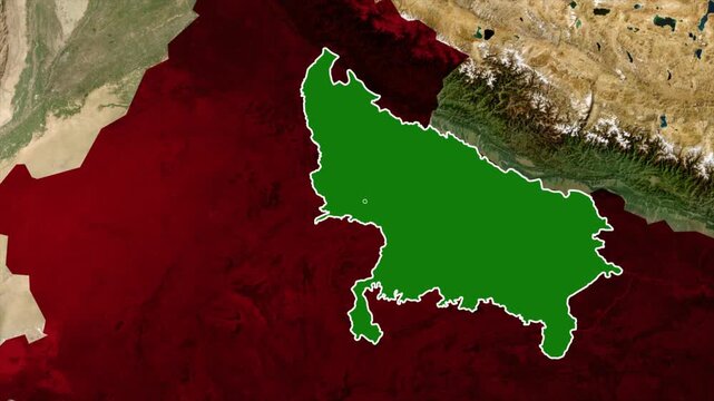 Uttar Pradesh Map Highlight Animation with Geographic Landscape.
Uttar Pradesh State Map Highlighted on Satellite Terrain Background in India.
