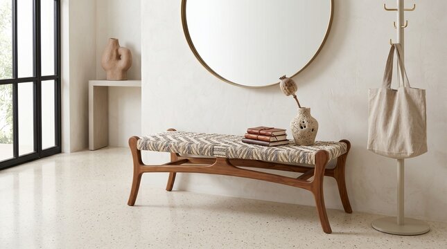 Minimalist teak wood bench with woven rope seat in modern bright hallway interior