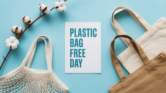 Plastic Bag Free Day poster with reusable tote bag and cotton plant on blue background