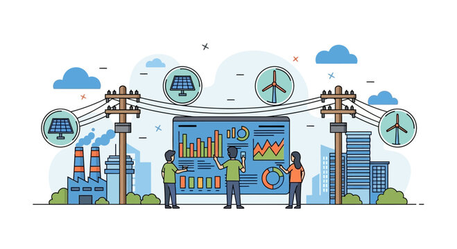 People analyzing renewable energy data dashboard for power grid management.