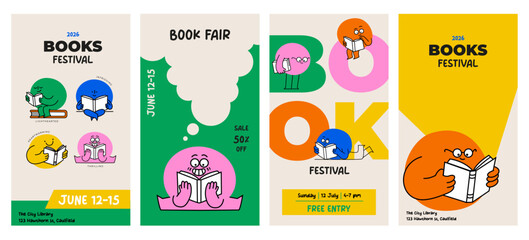 Fototapeta premium Book club, fair and market cartoon banner and poster design. colorful vertical poster and banner templates. Minimal series for book festival, bookshop and back to school designs