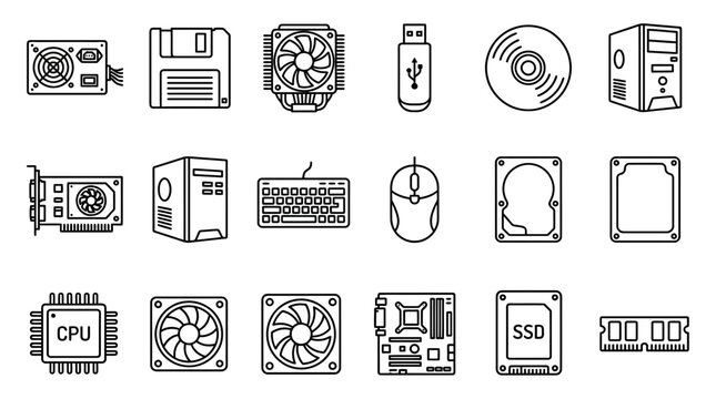 Computer hardware and peripherals icons set