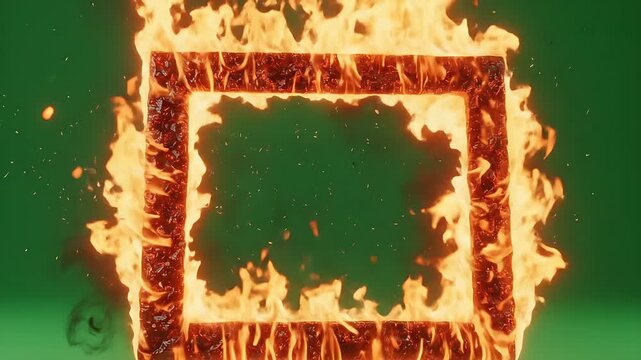 Burning square frame against green background dynamic fire flames abstract energy power