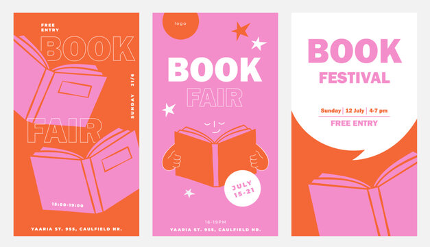 Hand drawn book club, fair and market banner and poster design. colorful vertical poster and banner templates.