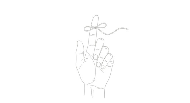 A minimalist line art drawing of a human hand with a string tied around the index finger.