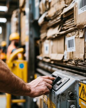 Focused view of a workers hand starting a compact baler on a wideangle daylight warehouse floor blurred flattened cardboard stacks and industrial safety equipment framing the