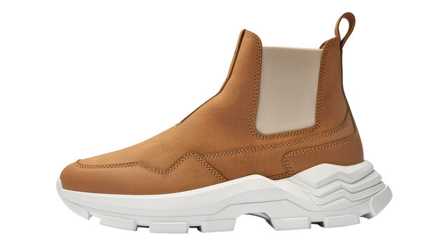 Brown leather Chelsea boots with thick white sole