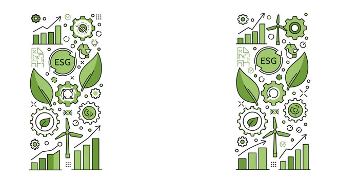 Two vertical panels of hand drawn ESG environmental social and governance icons.