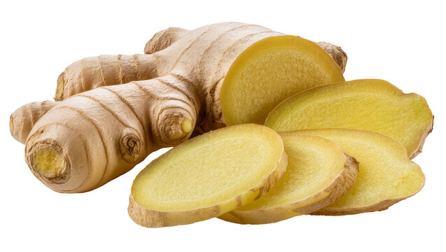 Fresh ginger root with sliced pieces showing yellow flesh