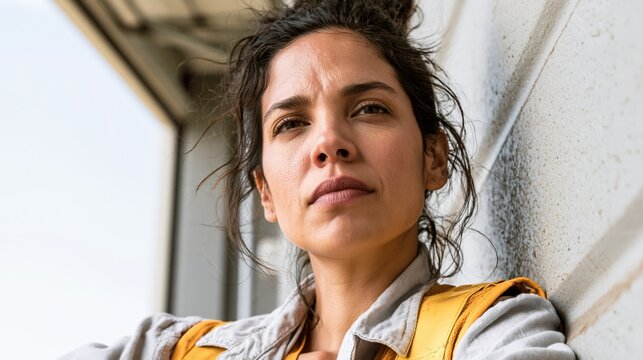 Heat Stress Worker Young Latina Warehouse Dock Heatweary Look