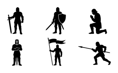 Fototapeta premium Medieval Knight Silhouettes Collection, 6 Vector Icons for Historical Themes, Fantasy, and Gaming Graphics