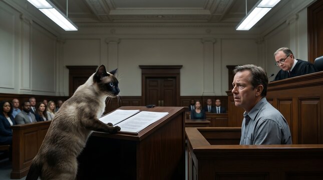 Siamese cat stands at a witness podium in a courtroom facing a man in the defendant box