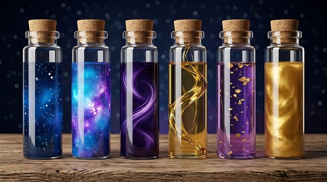 Enam botol kaca menampilkan cairan bercahaya dengan tekstur galaksi dan kosmis melambangkan keajaiban fantasi dan energi misterius alam semesta