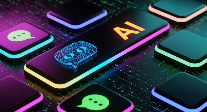 Artificial intelligence conceptual keyboard key with glowing head icon and speech bubble symbols artificial intelligence technology keyboard computing learning innovation futuristic software