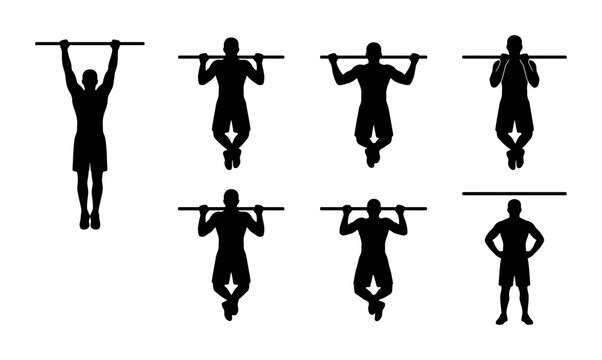Fitness Silhouette Icons: Pull-up Exercise Variations, Bodyweight Training, Strength Workout, Gym Motivation Vector Set