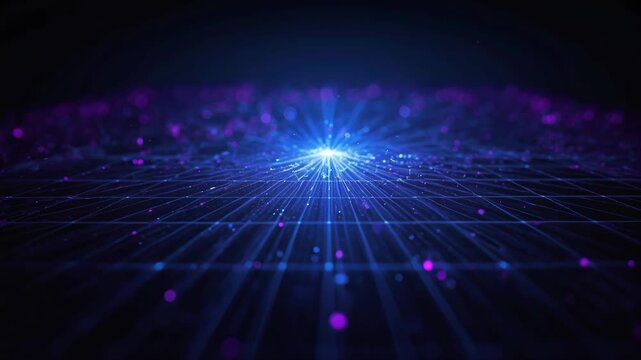 Glowing blue data node digital grid with purple bokeh futuristic light beams and network energy glow