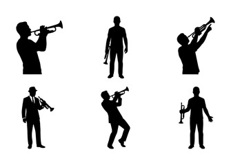 Jazz Musician Silhouettes, Trumpet Player Poses, Vector Icons for Music Performance and Entertainment Graphics © Arpita