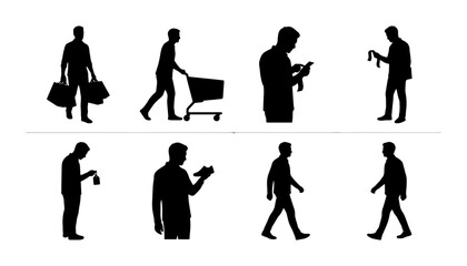 Fototapeta premium Silhouette People Collection: Shopper with Bags, Person with Cart, Mobile Phone User, Walking Figures, Vector Icons for Commerce and Lifestyle