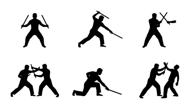 Martial Arts Silhouettes: Dynamic Combat Poses, Stick Fighting Action, Defensive Stances, 6 Vector Illustrations for Sports and Self-Defense Concepts