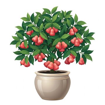 Luxury Wax Apple Tree in Large Ceramic Pot Realistic Vector Illustration Isolated on White