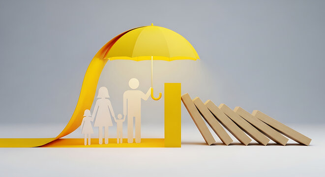 Family protection conceptual background with yellow umbrella shielding paper cut stylized figures from falling dominoes umbrella protection insurance security prevention metaphor stability