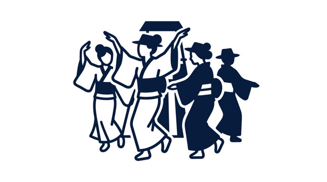 A group of people performing a traditional Japanese Bon Odori dance in silhouette.