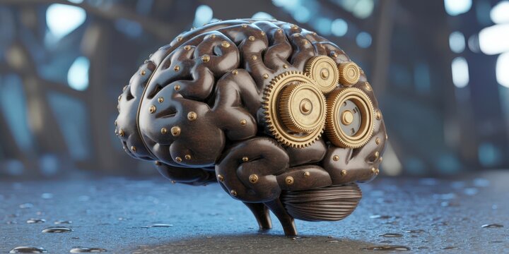 A detailed steampunk-style brain model with intricate brass gears and cogs embedded, resting on a textured, damp surface.