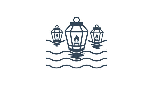 Three glowing lanterns floating on gentle water waves in a minimalist line art illustration.