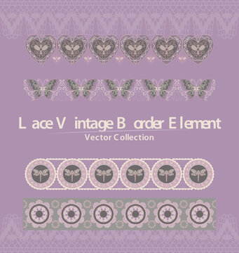 Lace Vintage Border Ornament Set with Floral and Oval Frames in Pastel Purple Vector Collection