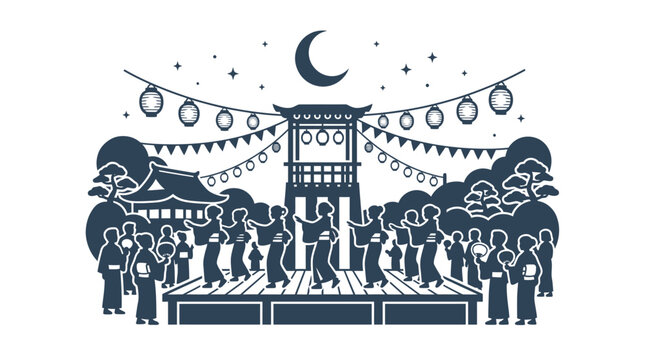 Silhouetted people dancing on a wooden stage during a traditional Japanese summer festival.