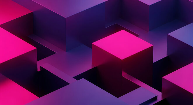 Abstract geometric composition of 3D cubes in purple and pink neon lighting creating architectural depth with geometric abstract architecture background structure wallpaper dimension minimalist