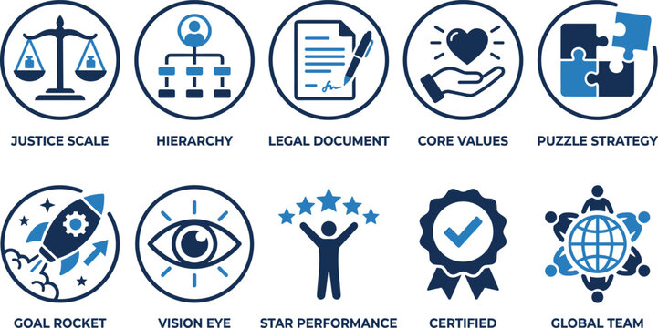 Corporate business strategy icons with justice scale hierarchy legal document and core values team symbols.