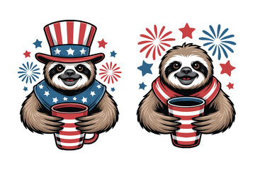 Fototapeta premium 4th of July Sloth Coffee Lover Vector Illustration, Patriotic Animal Design