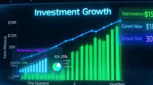 Investment growth chart with bar graph and line graph on screen display