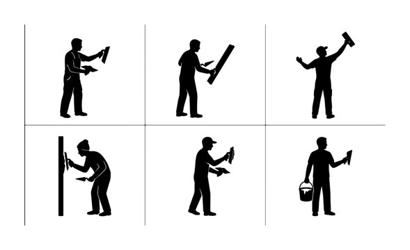 Plasterer Icon Set, Construction Worker Silhouettes with Tools, Drywall Installation and Repair, Home Renovation Graphics, Building Maintenance Vector Collection