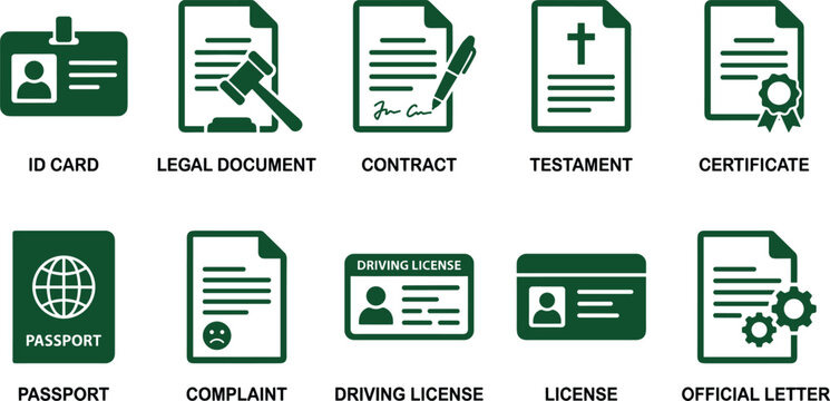 Id card legal document contract testament certificate passport complaint driving license official letter set.