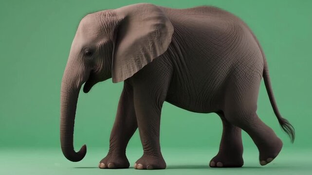 Baby Elephant Walking on Green Background in Minimalist Studio Style