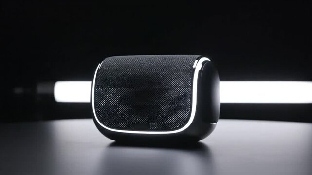 Sleek black portable wireless speaker with glowing white LED accent lighting on a dark reflective surface with a bright horizontal light source in the background