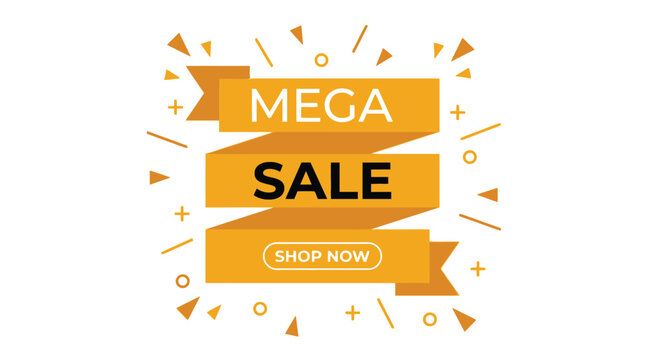 Vibrant yellow ribbon banner featuring bold mega sale text with a shop now button design for marketing promotions and retail discount campaigns displayed in a clean flat graphic vector style art compo