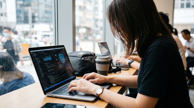 Young female software developer working on laptop computer writing code and programming in a busy urban coffee shop