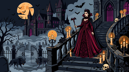 Vampire queen in a red gown stands on the stone stairs of a dark castle overlooking a graveyard with wolves under a full moon. © asha