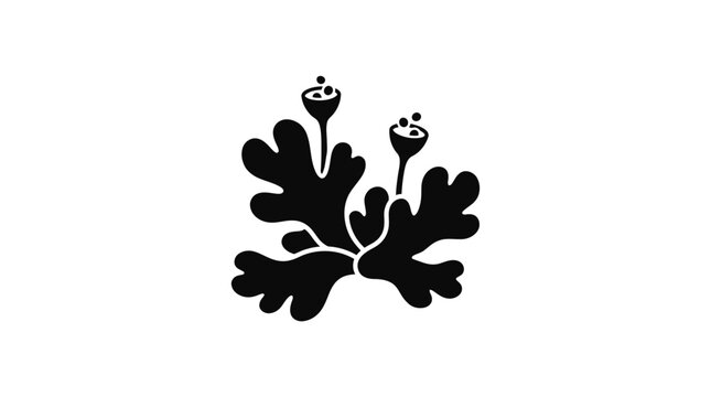 Abstract Black Silhouette of Lichen with Fruiting Bodies on White Background