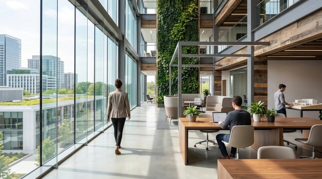 Modern eco friendly office interior with green wall and large windows, collaborative workspace design with natural light and plants
