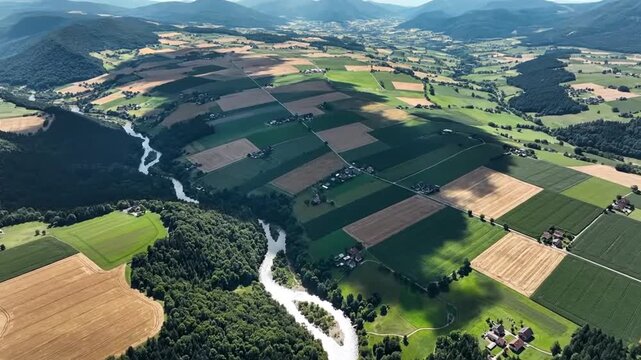 Aerial drone view of a winding river flowing through a lush green valley with patchwork fields of crops and scattered rural houses under a bright sky Keywords: aerial, drone, view, river, valley
