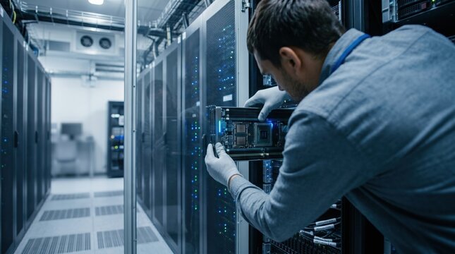 Server room technician installing or replacing server hardware component in data center rack, wearing gloves for&eacute; &trade;&ccedil;&rdquo;&micro; protection