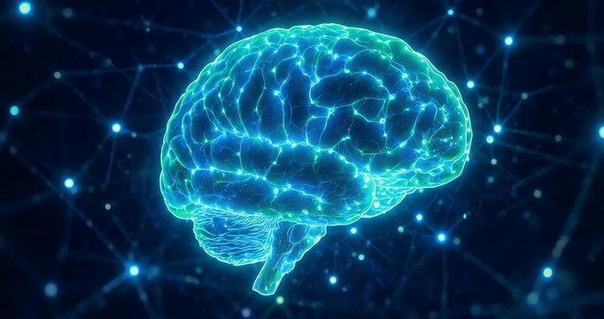 Glowing Bioluminescent Human Brain and Synapses in Abstract Neural Network