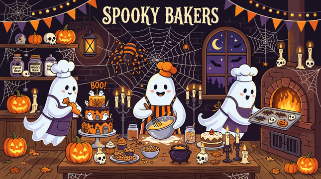Three adorable ghosts work in a spooky bakery, preparing halloween treats like cakes, cookies, and cupcakes in a cozy kitchen with pumpkins.