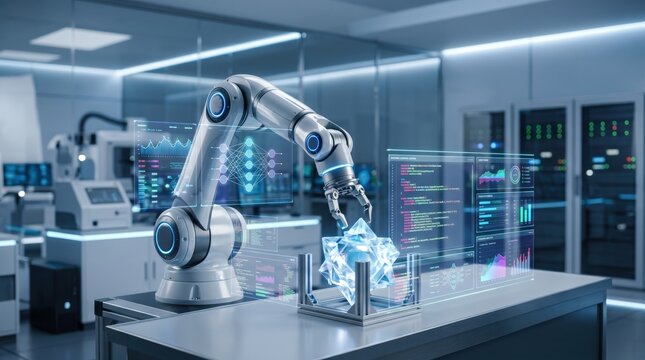 Advanced robotic arm performing precision task in high tech laboratory, artificial intelligence automation and futuristic industrial manufacturing process concept